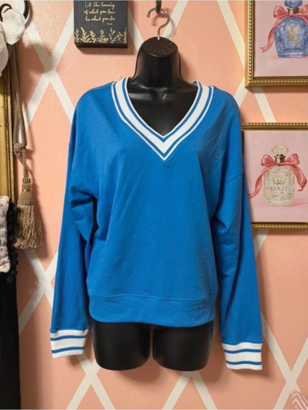 Sincerely Jules Blue V-Neck Sweater with White Striped Trim